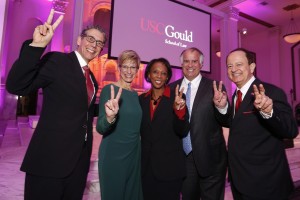 USC Gould School of Law celebrated its history and planned for its future at a kickoff for its $150 million fundraising campaign. From left to right: Dean Robert K. Rasmussen, Provost Elizabeth Garrett, LA County District Attorney Jackie Lacey, USC Gould School of Law Board of Councilors chair Ken Doran, and USC President C. L. Max Nikias
