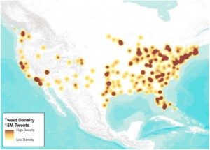 During graduate student Chris Weidemann's sampling period, an average of 4 million Twitter users divulged their physical locations through global positioning system coordinates or other active location monitoring. This heat map shows the density of all location-enabled tweets during the collection period. (Image /courtesy of Chris Weidemann)