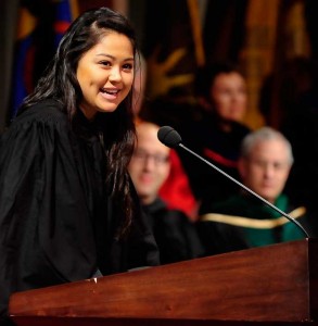 Monica Parra advised new students to "get ready for the fastest, bumpiest, most breath-taking ride of your life." (USC Photo/Gus Ruelas)