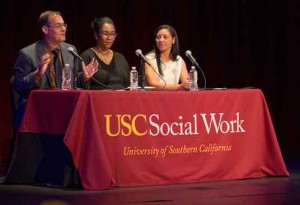 Carl Castro, Kim Finney and Kristen Kavanaugh participate on an All School Day panel. (USC Photo/Andrew Taylor)