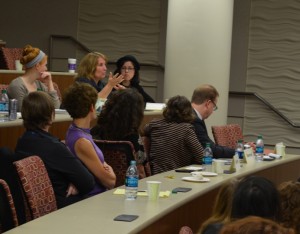 Kate Flint, Provost Professor of English and Art History and chair of the art history department, asks a question following the lecture. (USC Photo/Erica Christianson)