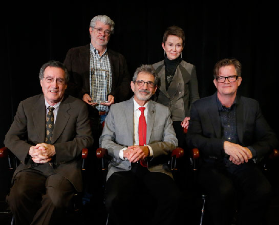 Bruce Block, George Lucas, Michael Fink, Dean Elizabeth Daley and Alex McDowell, from left (USC Photo/Steve Cohn)