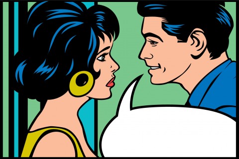 man, woman, thought bubble