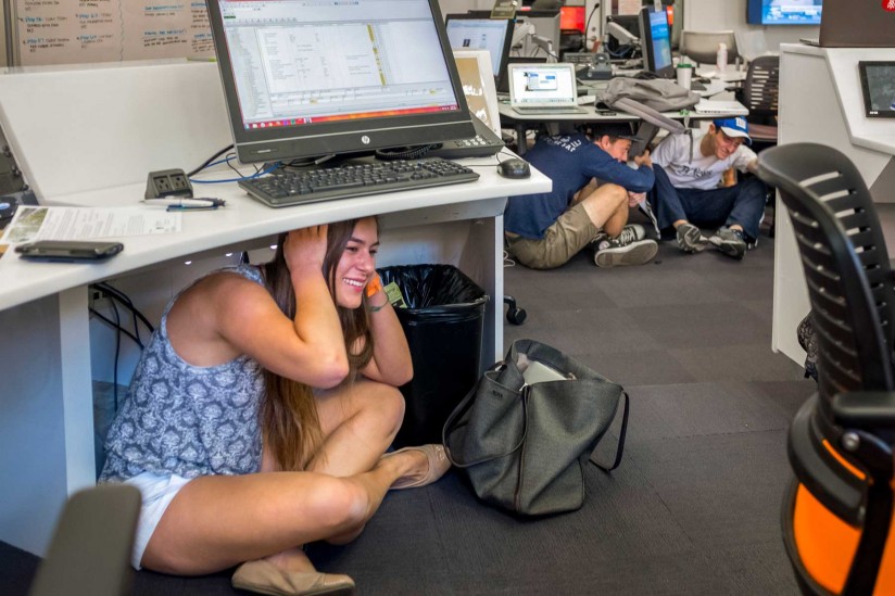 Students doing earthquake drill