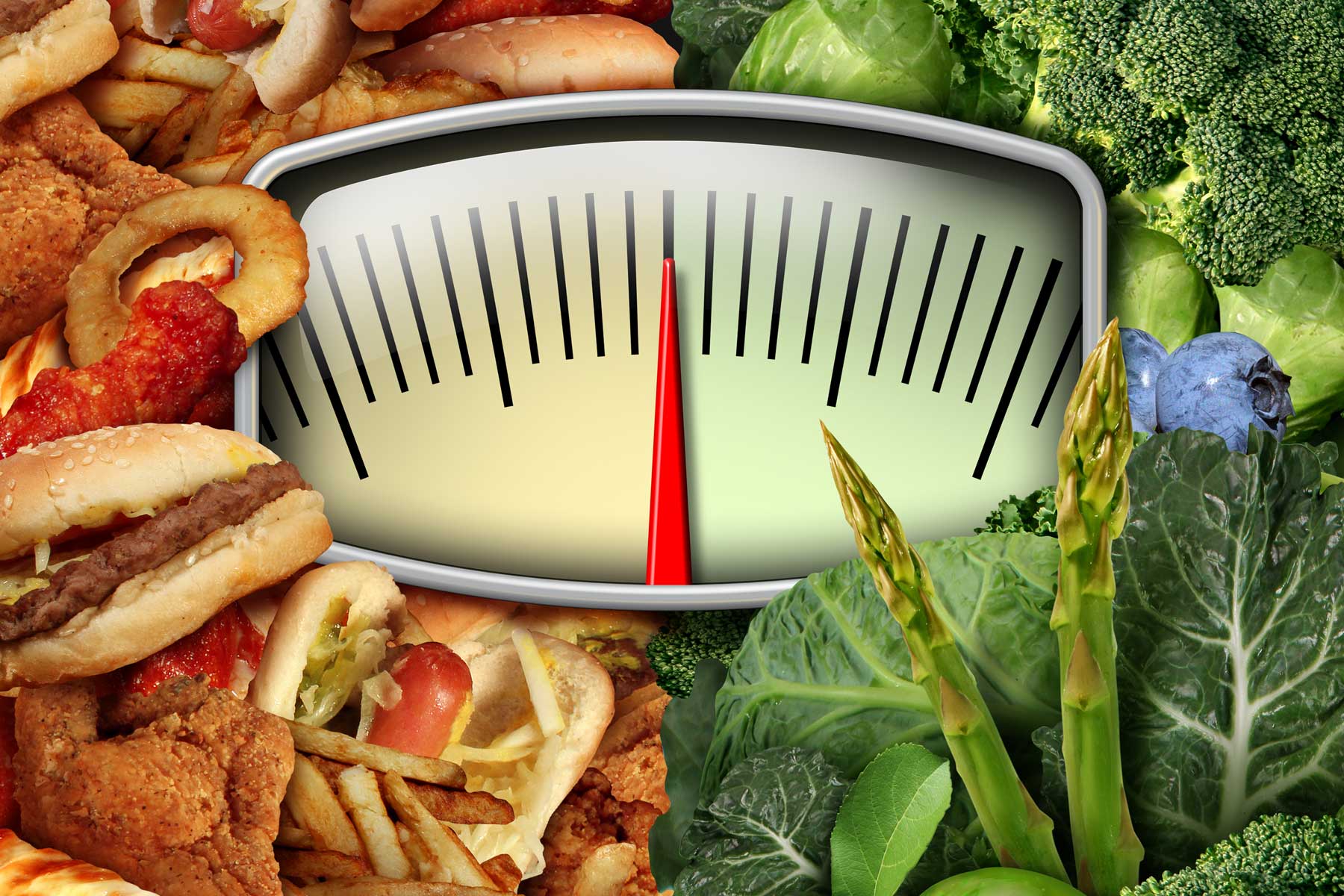 Illustration of scale with healthy food options on one side and unhealthy on the other