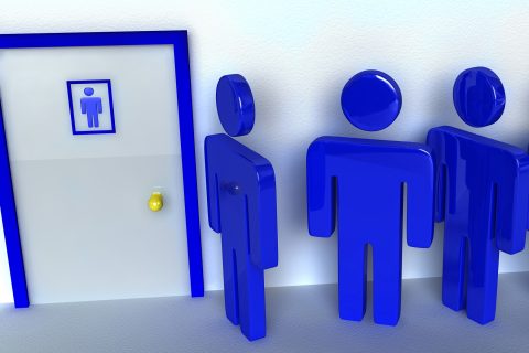 illustration of figurines waiting for line in bathroom