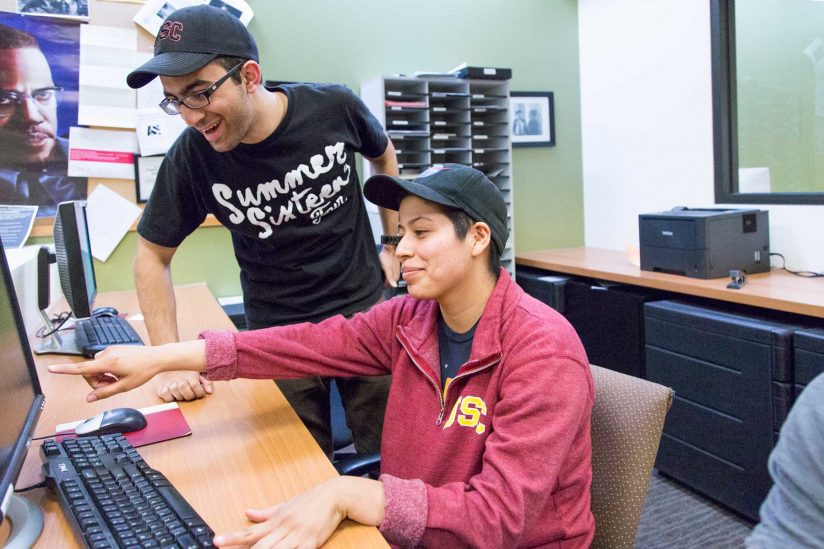 Students in career office looking at computer