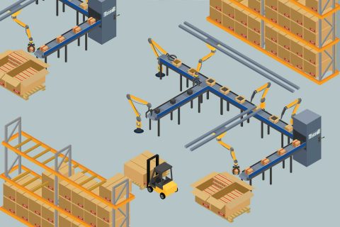Robots automating shipping process illustration