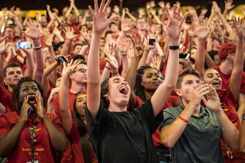 First year students cheering at spirit rally