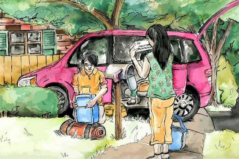 Illustration depicting family going on vacation and looking at credit card bills