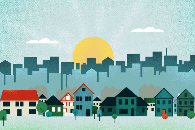 Suburban home against a city skyline illustration