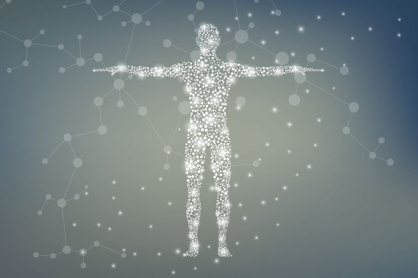 Illustrated concept of human anatomy and particles