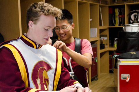 Trojan Marching Band members get ready