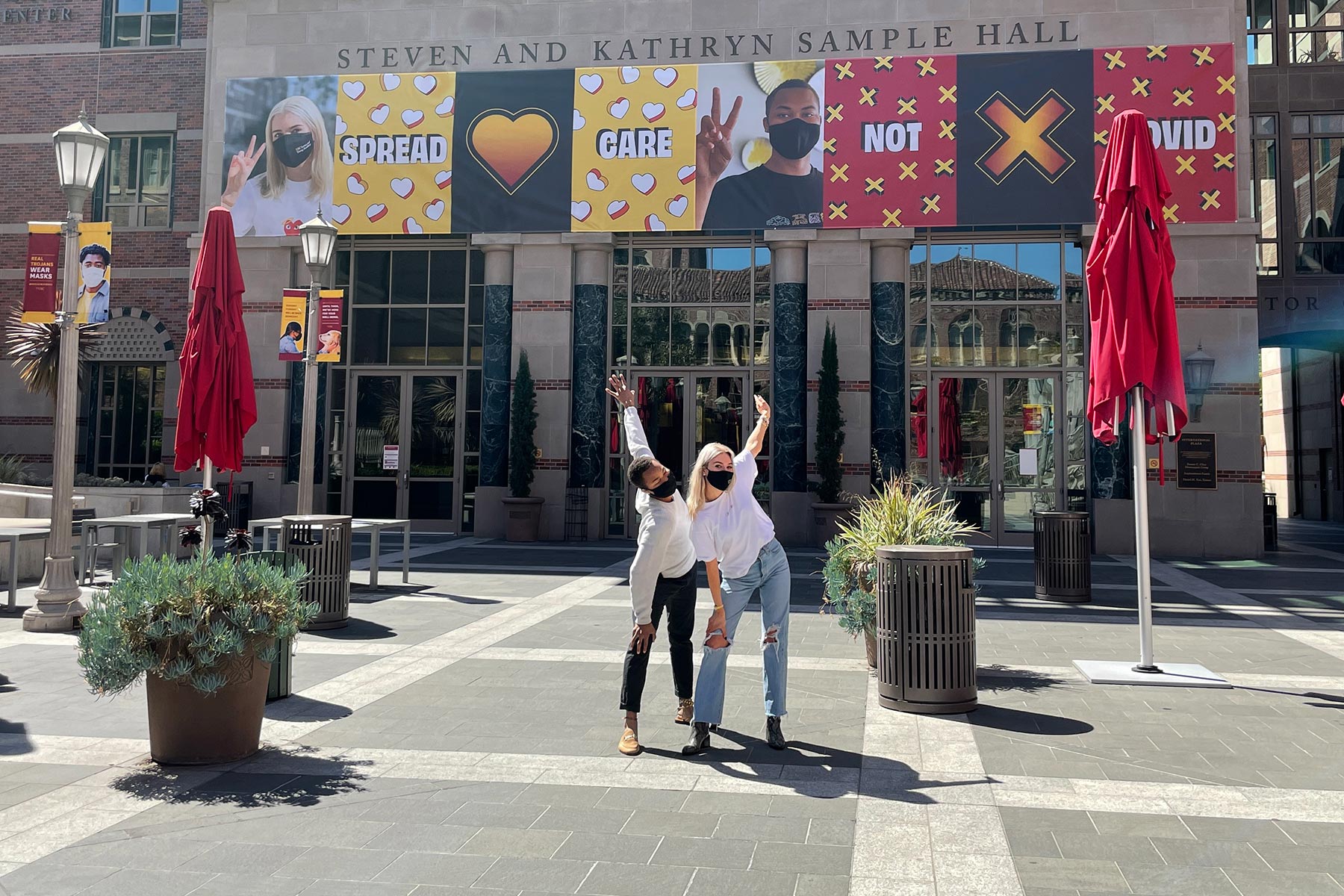 Spread care, not COVID: Eliza Glover and Billy Williams at Ronald Tutor Campus Center