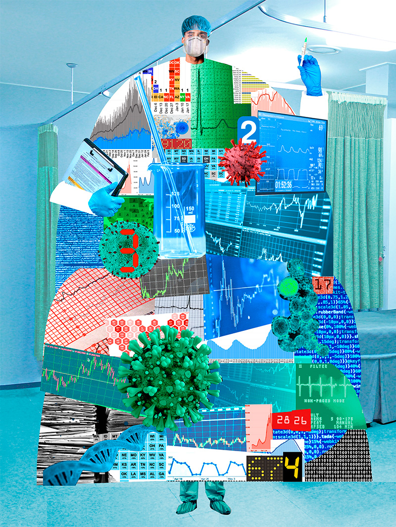 Photo collage of health care worker with medical charts.
