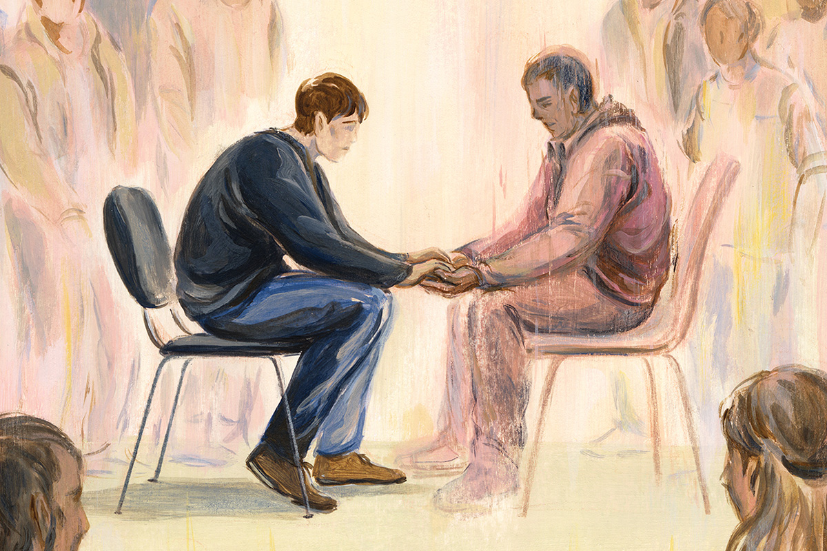 Painting of two men seated in chairs holding hands with a group of people standing around them watching