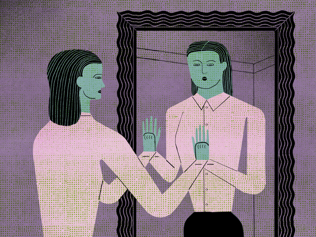 Illustration of a woman standing in front of a mirror holding up her nubs/hands in the reflection